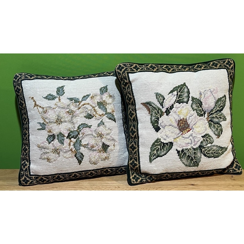 Needlepoint Magnolia & Dogwood Floral Pillow Green Velvet‎ Backing-Set 2 Vintage